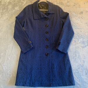 Ethyl Patterned Long Coat Women's M Blue Brocade Button Down Victorian (0317)